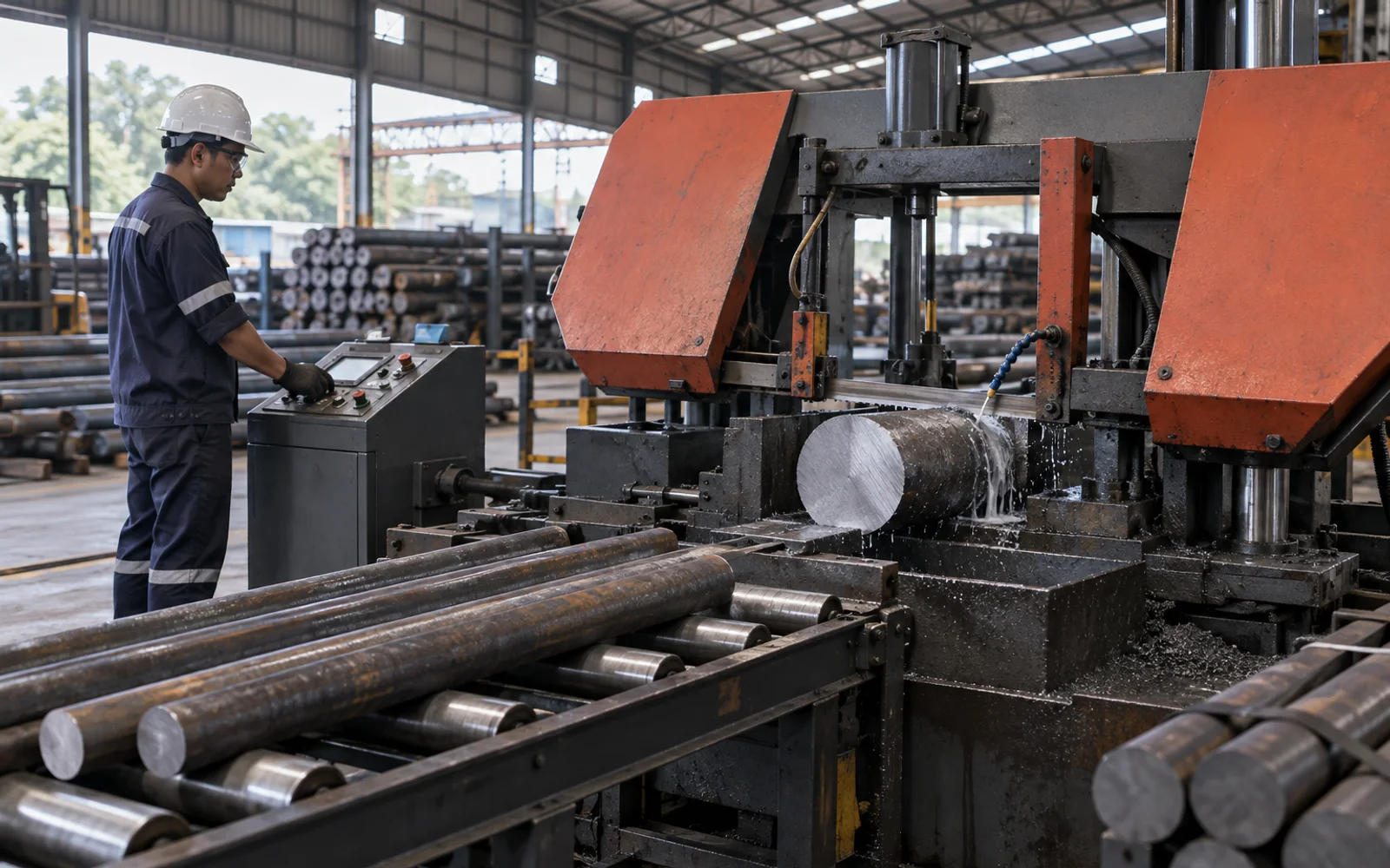 Ilustrasi mesin band saw memotong besi as bulat