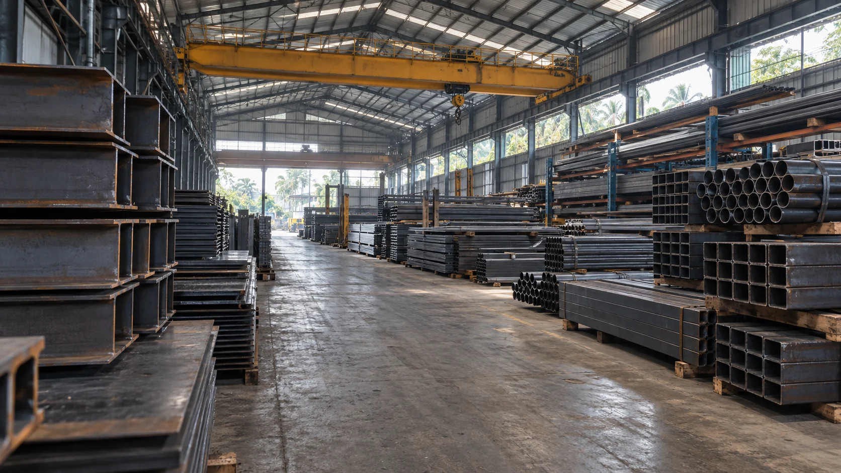 Ilustrasi suasana gudang baja di Indonesia dengan material tersusun dan gantry crane