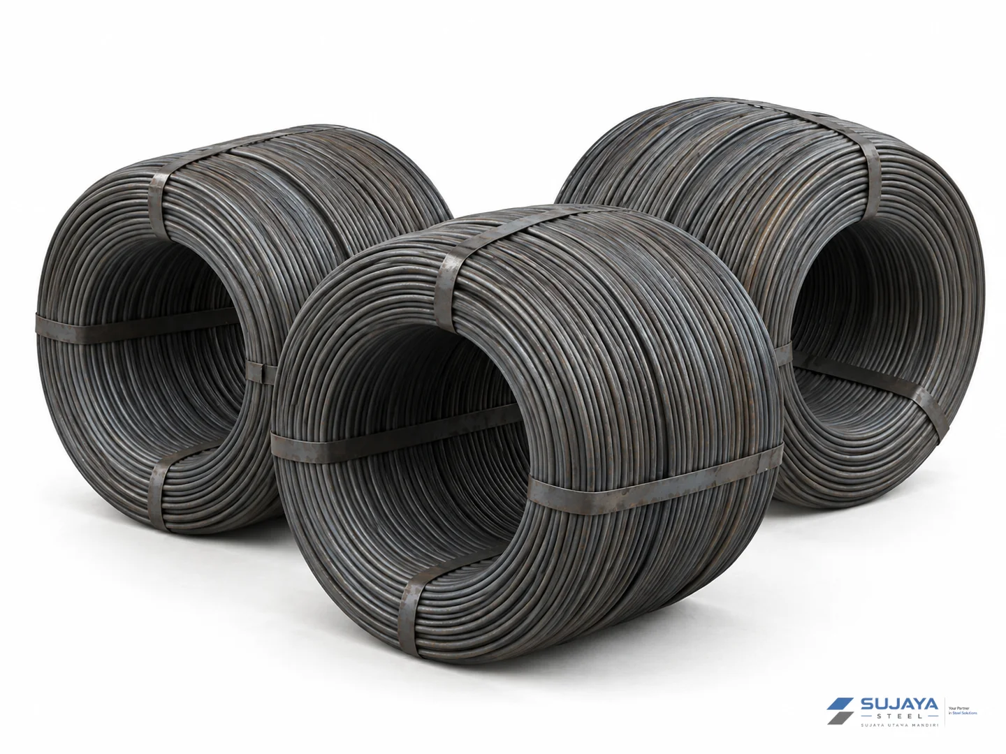 Foto teknis Wire Rod dengan bentuk dan permukaan baja yang terlihat jelas